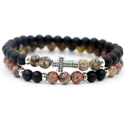   Páros ásvány karkötő matt fekete onix és leopárd jáspis ezüst kereszt CZ mikro kristály charm 2 db-os szett