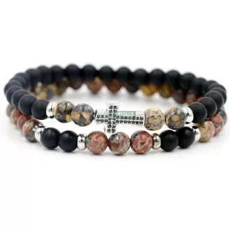  Páros ásvány karkötő matt fekete onix és leopárd jáspis ezüst kereszt CZ mikro kristály charm 2 db-os szett