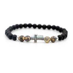   Ásvány karkötő matt fekete onix és leopárd jáspis ezüst kereszt CZ mikro kristály charm
