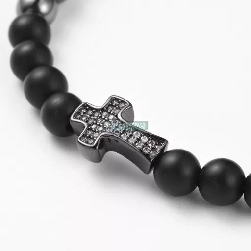 Hematit és matt fekete onix fekete kereszt CZ mikro kristály charm ásvány karkötő 
