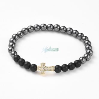   Hematit és matt fekete onix arany kereszt CZ mikro kristály charm ásvány karkötő 