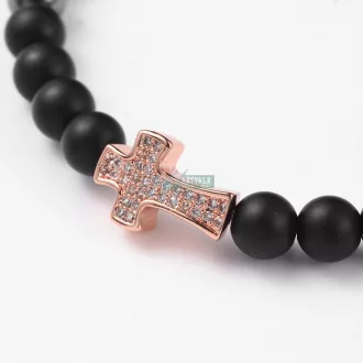   Hematit és matt fekete onix rózsaarany kereszt CZ mikro kristály charm ásvány karkötő 