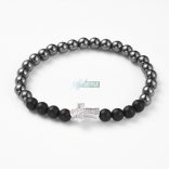 Hematit és matt fekete onix ezüst kereszt CZ mikro kristály charm ásvány karkötő 