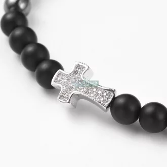   Hematit és matt fekete onix ezüst kereszt CZ mikro kristály charm ásvány karkötő 