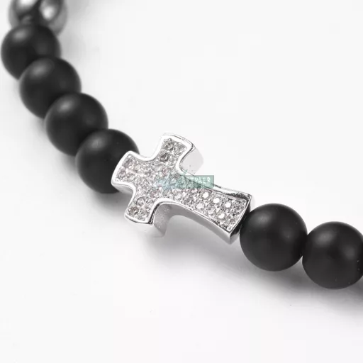 Hematit és matt fekete onix ezüst kereszt CZ mikro kristály charm ásvány karkötő 