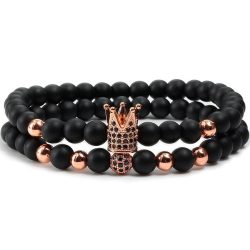   Páros ásvány karkötő - fényes fekete ónix - rózsaarany színű korona fekete CZ mikro kristály - disco charm - 2 db-os szett