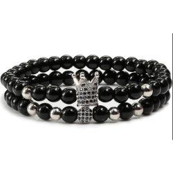   Páros ásvány karkötő - fényes fekete ónix - ezüst színű korona fekete CZ mikro kristály - disco charm - 2 db-os szett