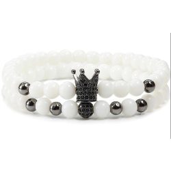   Páros ásvány karkötő - fényes fehér ónix - fekete korona fekete CZ mikro kristály - disco charm - 2 db-os szett