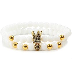   Páros ásvány karkötő - fényes fehér ónix - arany színű korona fekete CZ mikro kristály - disco charm - 2 db-os szett