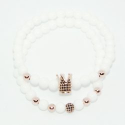   Páros ásvány karkötő - fényes fehér ónix - rózsaarany színű korona fekete CZ mikro kristály - disco charm - 2 db-os szett