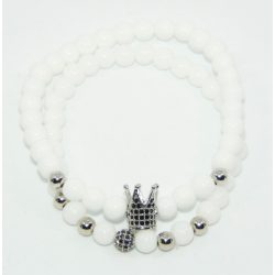   Páros ásvány karkötő - fényes fehér ónix - ezüst színű korona fekete CZ mikro kristály - disco charm - 2 db-os szett