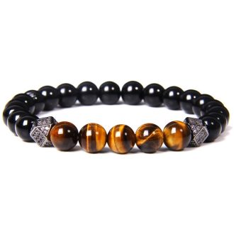   Ásvány karkötő fekete ónix, tigrisszem és extravagáns sokszög CZ mikro kristályos charm