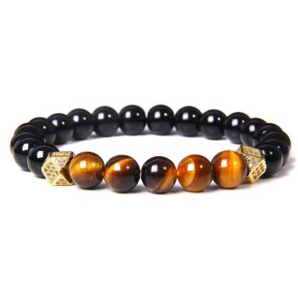   Ásvány karkötő ónix, tigrisszem és extravagáns sokszög aranyszínű CZ mikro kristályos charm