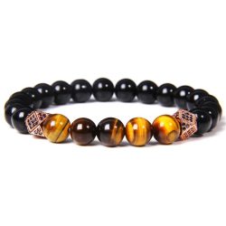   Ásvány karkötő ónix, tigrisszem és extravagáns sokszög rózsaarany színű CZ mikro kristályos charm