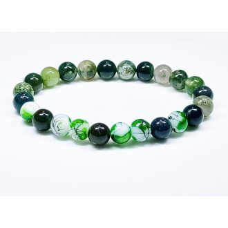   Ásvány karkötő indiai achát (zöldes jellegű) és festett lampwork golyókkal