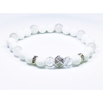   Ásvány karkötő tridacna, fehér jáde, roppantott hegyikristály, ezüst színű extravagáns sokszög CZ mikro kristályos charm és ezüst köztes