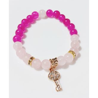   Ásvány karkötő rózsakvarc, achát, arany színű apró kristályos kulcs charm és köztes