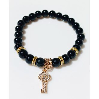   Ásvány karkötő ónix, arany színű apró kristályos kulcs charm és köztes