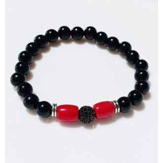   Ásvány karkötő ónix, koral henger, fekete színű CZ mikro kristályos gömb és ezüst köztes