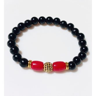   Ásvány karkötő ónix, koral henger,  arany színű gömb fekete CZ mikro kristályos charm és arany színű köztes