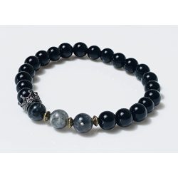   Ásvány karkötő ónix, labradorit - gun metal korona charm