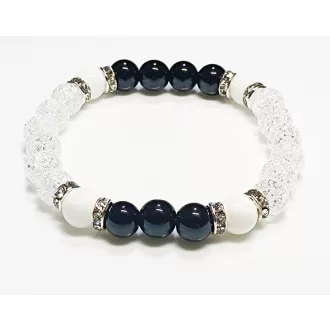   Ásvány karkötő tridacna, ónix és roppantott hegyikristály, ezüst színű apró kristályos köztes