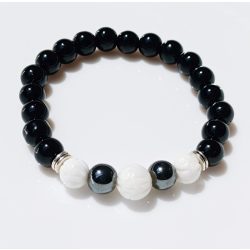   Ásvány karkötő ónix, hematit és tridacna golyóba vésett lótusz mintázat - különleges