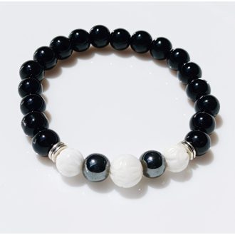   Ásvány karkötő ónix, hematit és tridacna golyóba vésett lótusz mintázat - különleges