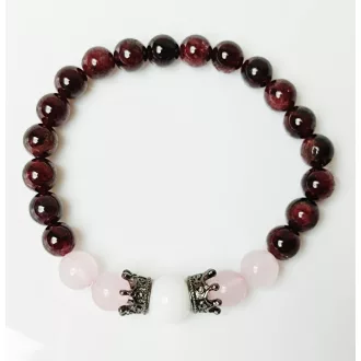   Ásvány karkötő gránát, rózsakvarc és tridacna - gun metal korona charm