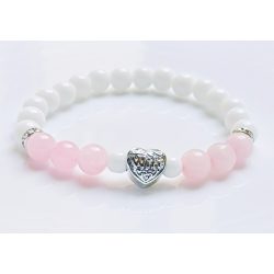   Ásvány karkötő - Feleség szív charm - tridacna, rózsakvarc - ezüst színű cirkóniumos köztes