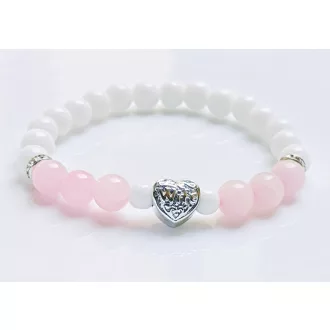   Ásvány karkötő - Feleség szív charm - tridacna, rózsakvarc - ezüst színű cirkóniumos köztes