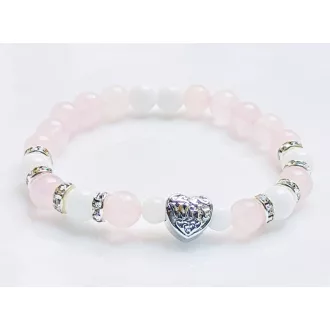   Ásvány karkötő - Feleség szív charm - tridacna, rózsakvarc - ezüst cirkóniumos köztes
