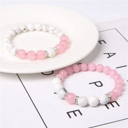   Páros ásvány karkötő rózsakvarc és howlit - cirkónium kristályos ezüst színű köztes, 2 db-os szett