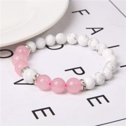   Ásvány karkötő rózsakvarc és howlit - cirkónium kristályos ezüst színű köztes