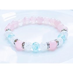   Ásvány karkötő sokszögre csiszolt rózsakvarc, roppantott áttetsző és égkék színű hegyikristály - ezüst cirkóniumos köztes