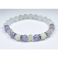  Ásvány karkötő fehér jáde, roppantott, színezett (sárga és orgona lila) hegyikristály - ezüst színű cirkóniumos köztes