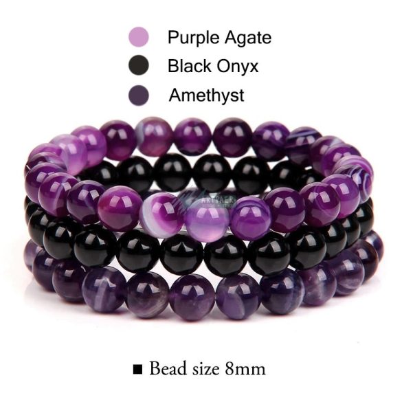 Ásvány karkötő 3-as szett Purple Agate-Onyx-Amethyst