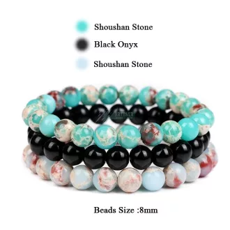   Ásvány karkötő 3-as szett türkiz Shoushan kő - ónix - kék Shoushan kő