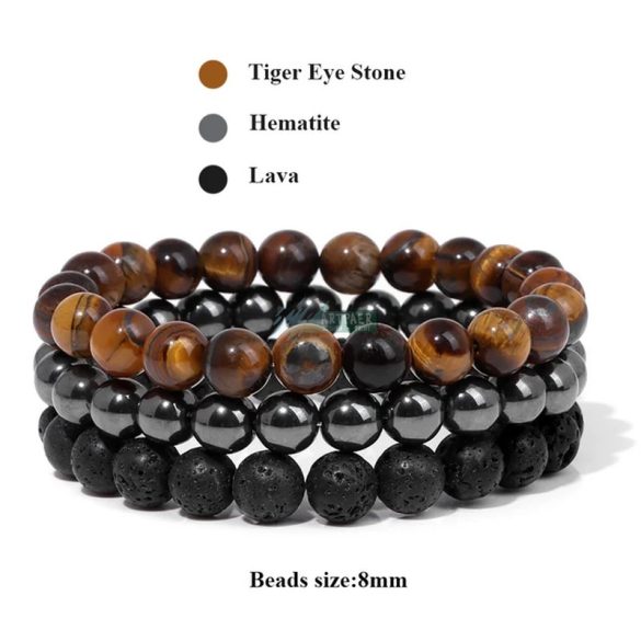 Ásvány karkötő 3-as szett Tiger Eye-Hematite-Lávakő