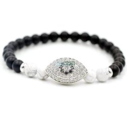  Mindent látó ezüst szemes ásvány karkötő Howlit - Onyx