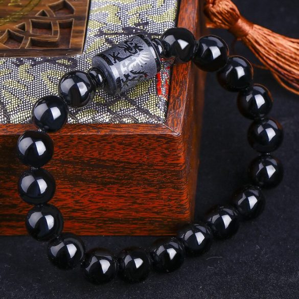 Ásvány karkötő - fekete ónix - kínai sárkány mintázatú charm
