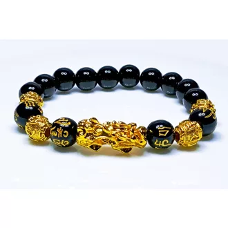  Ásvány karkötő Feng Shui aranyozott vagyon - sárkány és sok szerencsét mintázott ónix 