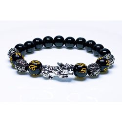   Ásvány karkötő Feng Shui antik ezüstözött vagyon - sárkány és sok szerencsét mintázott ónix 
