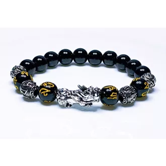   Ásvány karkötő Feng Shui antik ezüstözött vagyon - sárkány és sok szerencsét mintázott ónix 