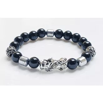   Ásvány karkötő Feng Shui obszidián és mágneses hematit - ezüstözött kínai sárkányos vagyon és sok szerencsét charm