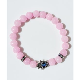 Ásvány karkötő - rózsakvarc - Hamsa védelmező kézzel