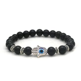   Ásvány karkötő fényes ónix, antikolt ezüst színű Hamsa kézzel