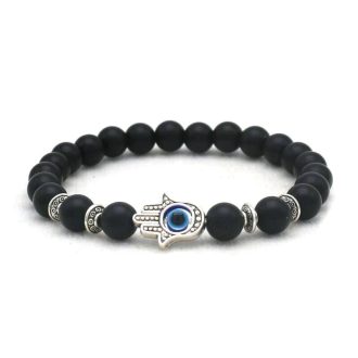   Ásvány karkötő matt ónix, antikolt ezüst színű Hamsa kézzel