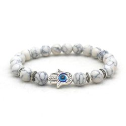   Ásvány karkötő howlit, antikolt ezüst színű Hamsa kézzel