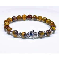  Ásvány karkötő tigrisszem és antikolt ezüst színű Hamsa kéz